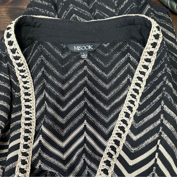 Misook Black Braided Trim Chevron Zig Zag Knit Long Cardigan Sweater Size L - Picture 10 of 12